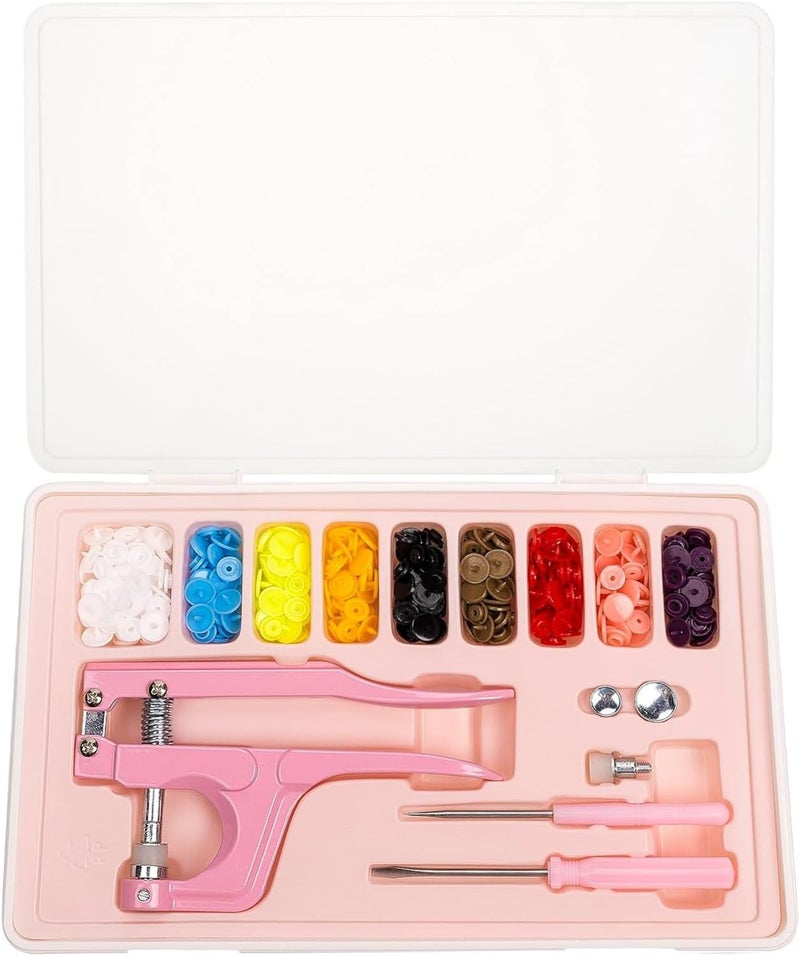 LBTEE Plastic Snap Fastener Kit with Plier Screwdriver Awl and Storage Case, 100 Sets Snaps, 9 Colors T5 Buttons, 12mm Cap. Snap Plier for T3(10mm), T5(12mm), T8(15mm) Buttons, Pink - Image 1